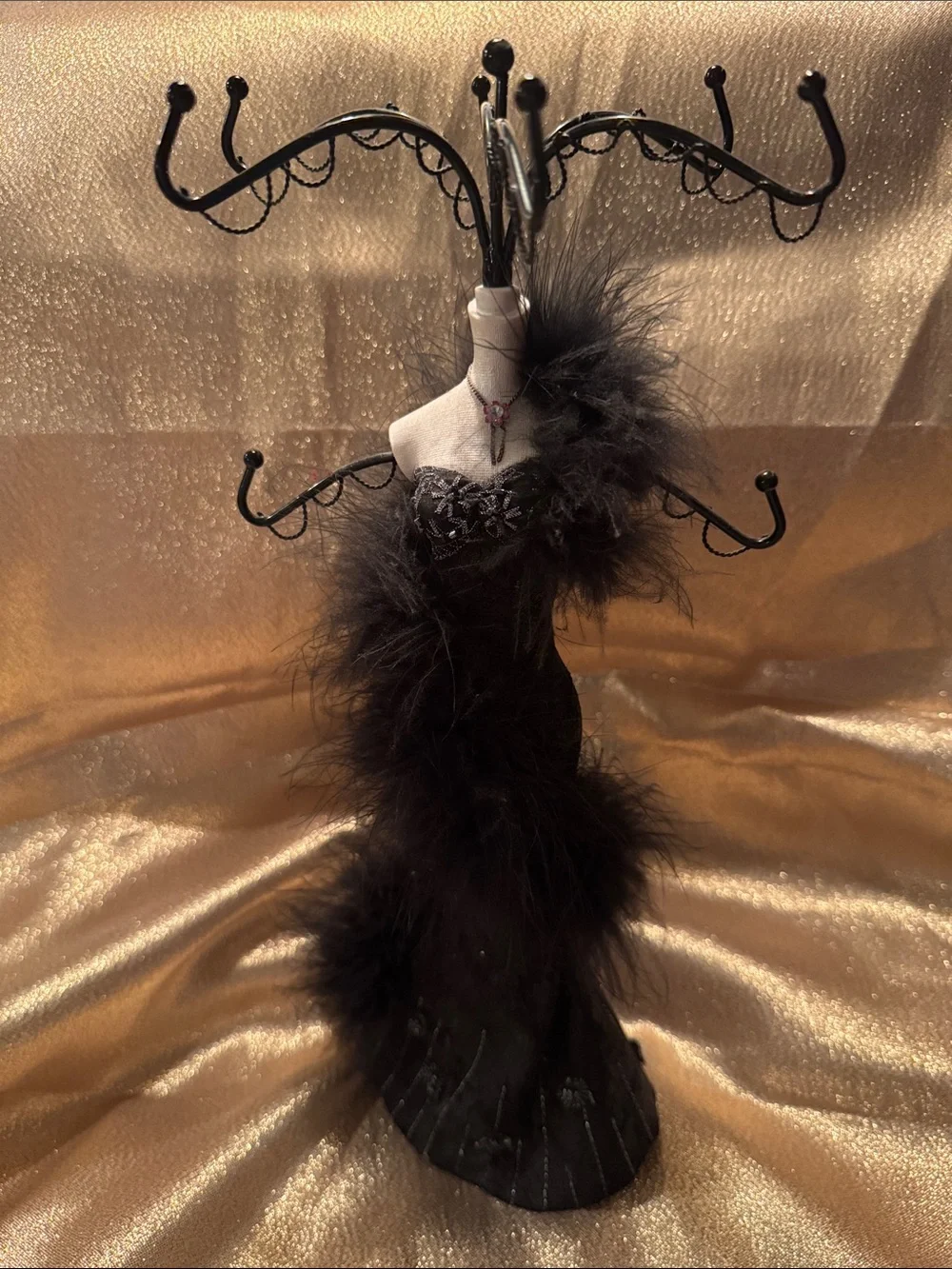 Elegant Black Feathered Dress Jewelry Stand